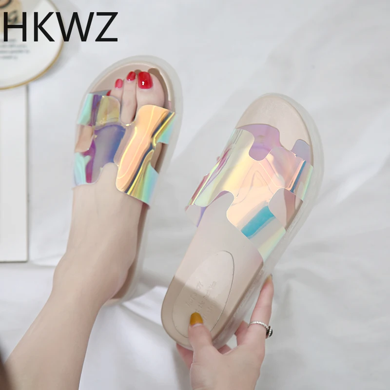 

2019 summer brand new transparent ribbons one-piece outer wear slippers beach thick bottom non-slip jelly color wild sandals