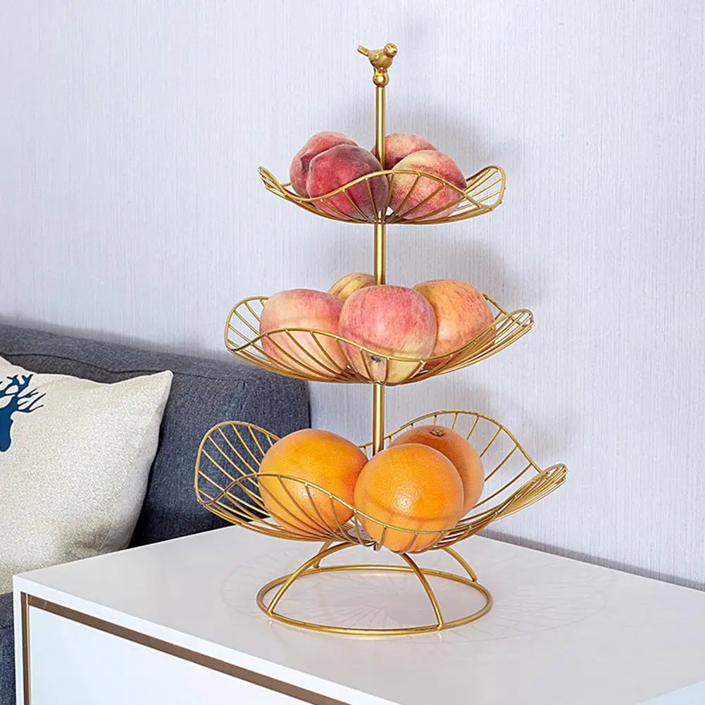 

Household Three Tier Kitchen Metal Fruit Plates European Iron Hollow Solid Vintage Tray Stand Kitchen Storage Fruit Basket