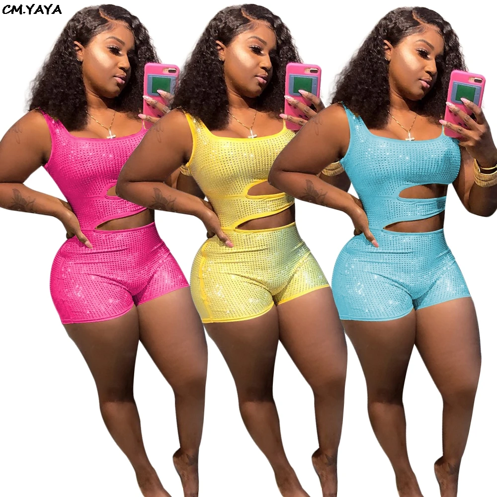

2019 women new hot drilling rhinestones tank cut out waist sexy bodycon playsuit party club short jumpsuit romper 3 colors S3540