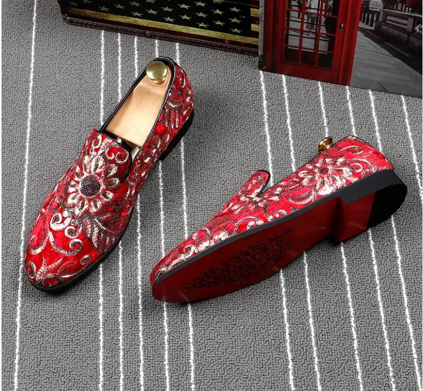 Gold RED Embroidered Luxury Loafers Shoes Men Round Toe Sewing Dress Wedding Shoes Male Slip On Rihanna Creepers Casual Flats