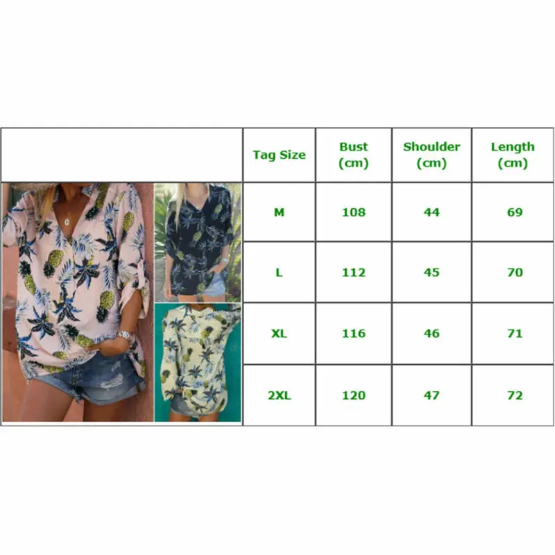 Harajuku Summer New Sexy Hawaiian Beach Vacation Pineapple Printed Shirts Woman Wild Long-sleeved V Cut Collar Fruit Blouses