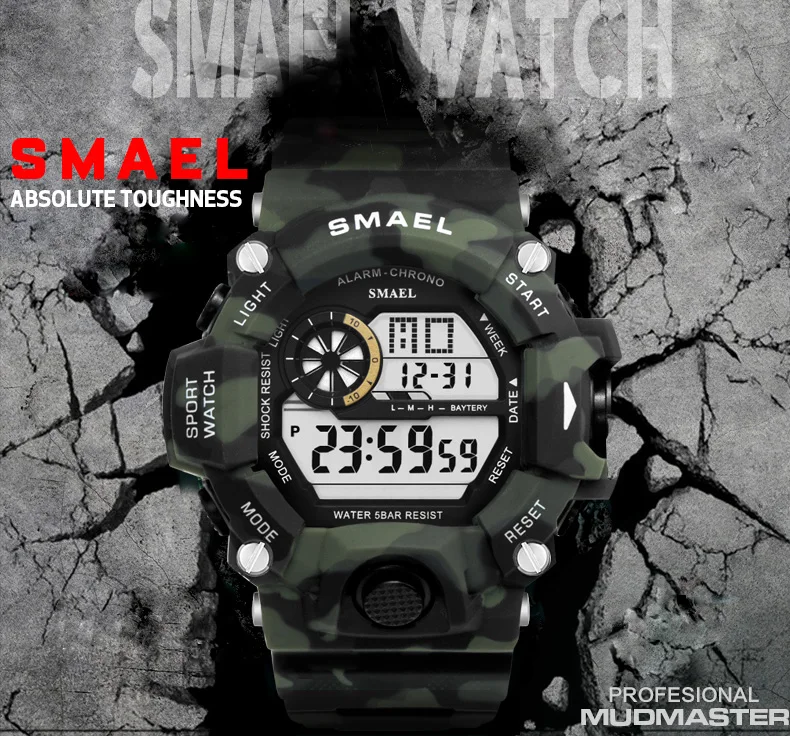 Мужские часы 50 м водостойкие SMAEL Top S Shock Watch светодиодный спортивные часы камуфляжные часы Band 1385C цифровые наручные часы Военные