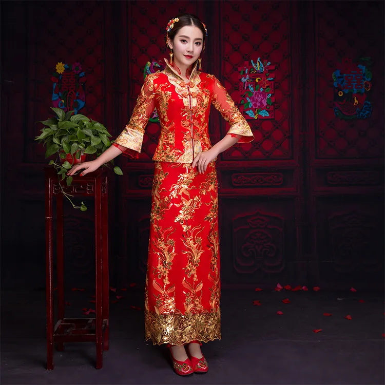 Традиционный китайский свадебное платье 2018 новый Cheongsam хлопок платье невесты Для женщин затяжные помехи элегантный Китай Qipao