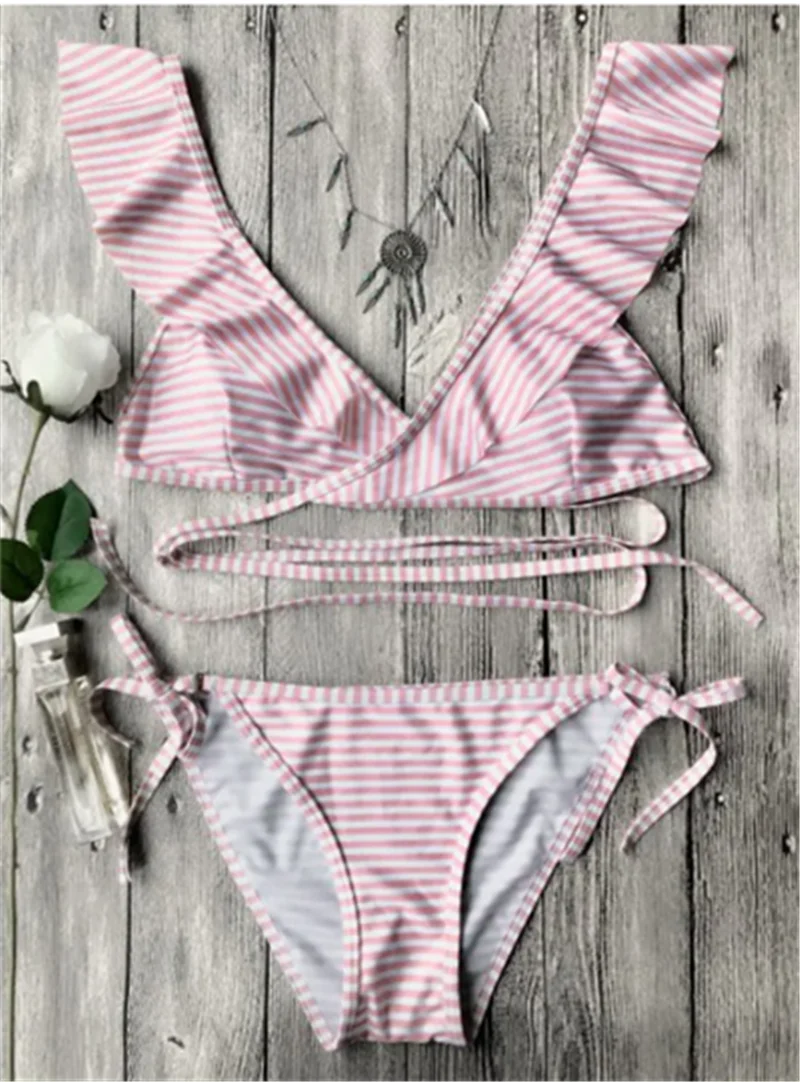 

2019 Hot Women Sexy Two-Piece Suits Ruffle Striped Bikini Set Push Up Bathing Suit Low Waist Swimsuit Summer Lace Up Beach Wear