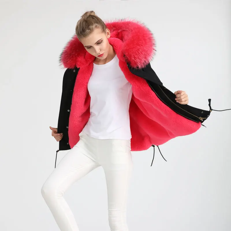 Couleur Veste Grand Parka Noir Décoration Sexy Fourrure Style Hiver Col Femmes 2017 Badge De xC4TIgCqw