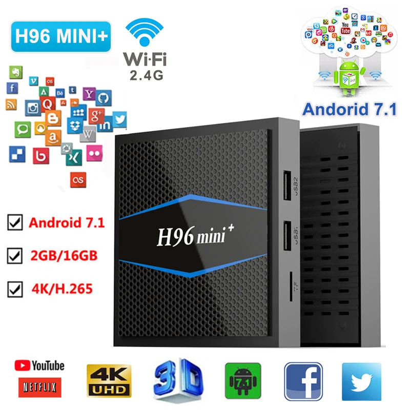 

H96 mini plus Android 7.1 Smart TV Box Amlogic S905W Quad Core 2GB 16GB 2.4G WiFi HD 4K set top box Media Player support iptv