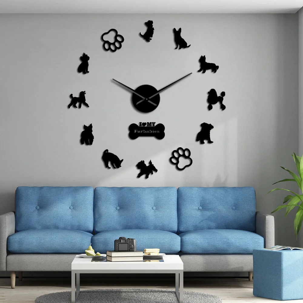 English Toy Terrier Poodles Yorkshire Terriers Mixed Dog Breeds Wall Art Home Decor DIY Giant Wall Clock Dog Pets Hanging Watch