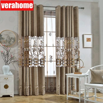 

Chinese luxury Chenille curtains for living room bedroom Embroidered hollow curtain drapes windows treatment home decor