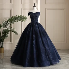 Azul marinho Lace Frisado Apliques de Cristal Doce 16 Vestidos Quinceanera Off The Shoulder Quinceanera Vestidos De 15 Años