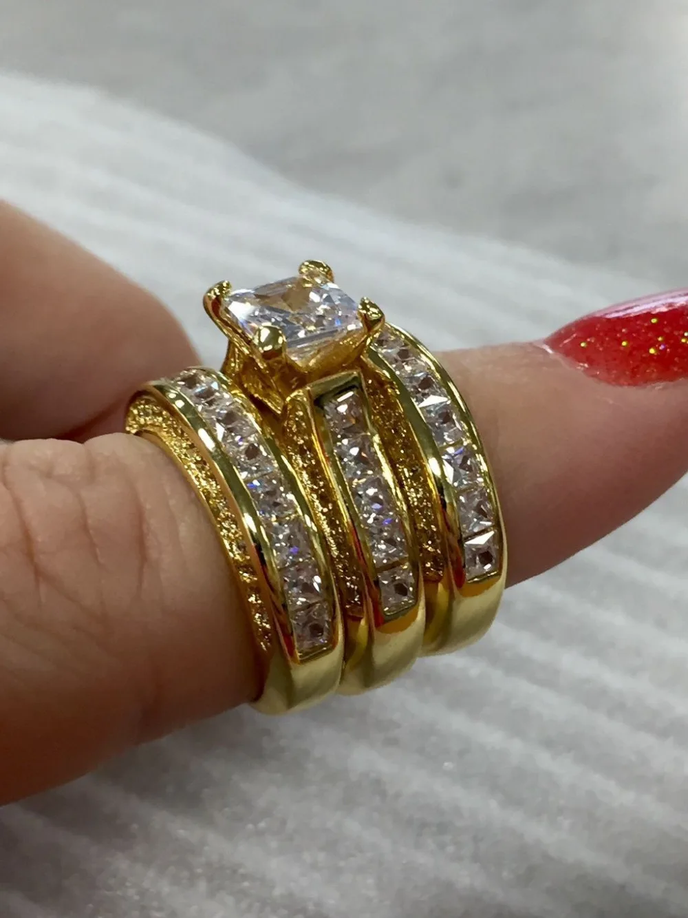 Роскошное кольцо с голубым кристаллом 20ct фианит AAAAA 3-в-1 обручальное кольцо для женщин желтого золота с Обручение кольцо