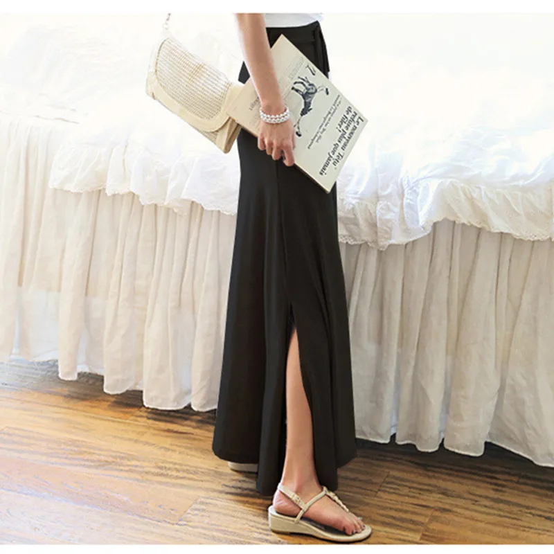 Летняя Высокая талия Сплит Длинная женская юбка черная трапециевидная юбка на шнуровке юбка до щиколотки плюс размер юбка для женщин Модальная одежда