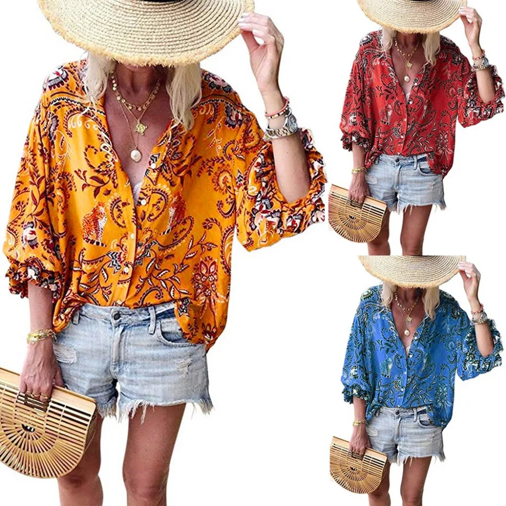 2019 Women's casual printed button lotus leaf sleeve shirt top and blouses summer sexy blouses women beach pretty blouses 40J12 (1)