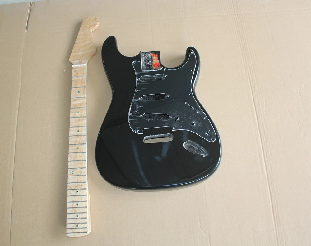 

Black Semi-finished Electric Guitar with Black Pickguard,Flame Maple Neck,Colorful Shells Inlay,offering customized services