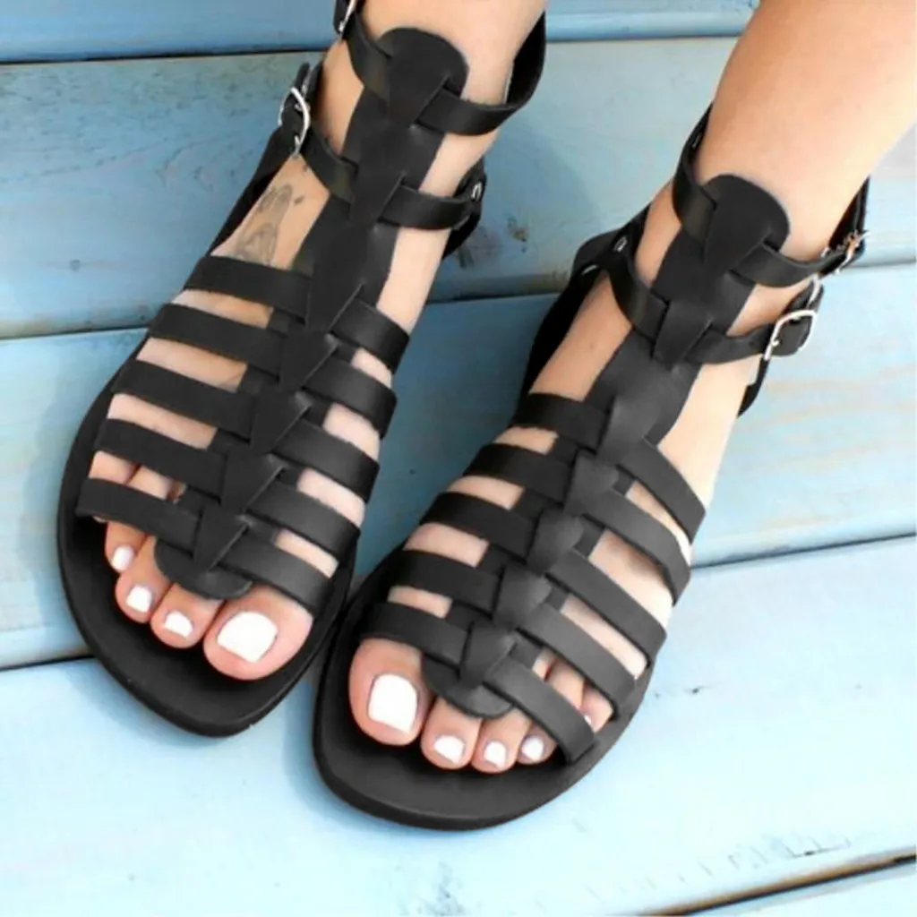 CHAMSGEND/Женская обувь в римском стиле на плоской подошве с открытым носком и пряжкой; простая повседневная обувь в стиле ретро; удобные уличные сандалии