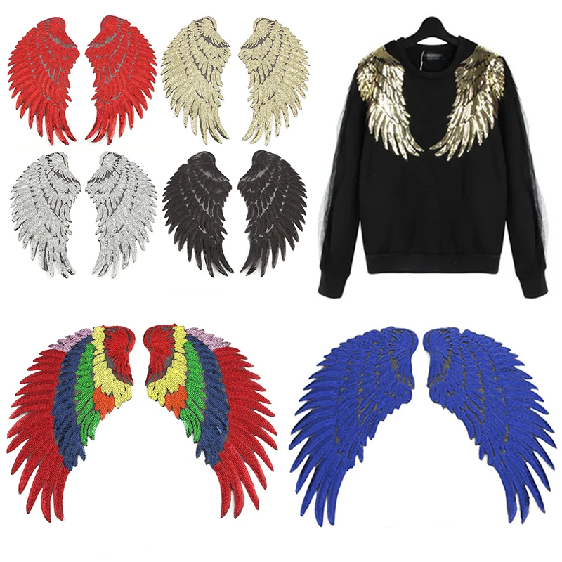 Clothes Patch Iron On DIY Popular Slivery 3 Sizes Wings Patches 3D Feather Golden Sequined Patch Sew On Applique 1Pair