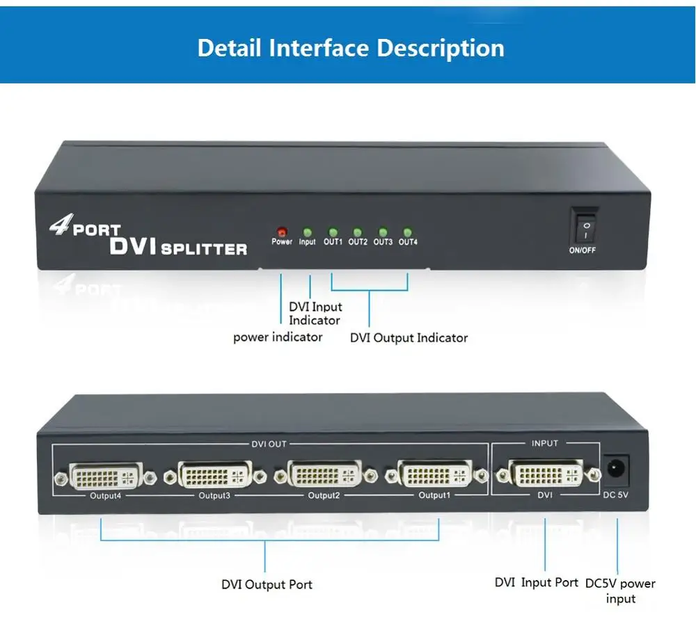 Aikexin разделитель DVI 1x4 4 порта DVI видео сплиттер несколько видео дисплей 1 в 4 Поддержка до 1920x1080