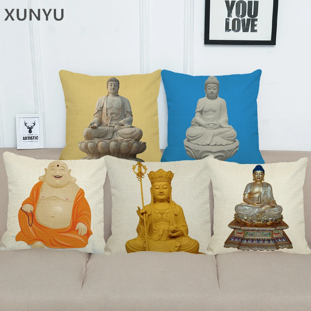 

XUNYU Linen Pillowcase Sofa Decorative Pillow Cover Buddha Statue Pattern Square Cushion Cover 45X45cm BZ241