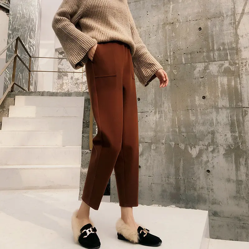 Корейские шерстяные женские брюки, зимние женские брюки длиной до щиколотки с высокой эластичной талией, повседневные свободные Базовые Женские брюки с двойным карманом