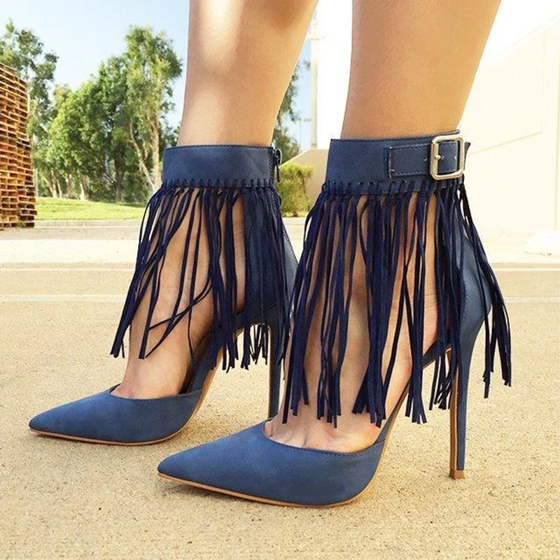

Ladies Party Shoes Fringe Blue High Heels Women Gladiator Sandals Back Zipper Fashion Pointed Toe Solid Sandals Thin Heels New