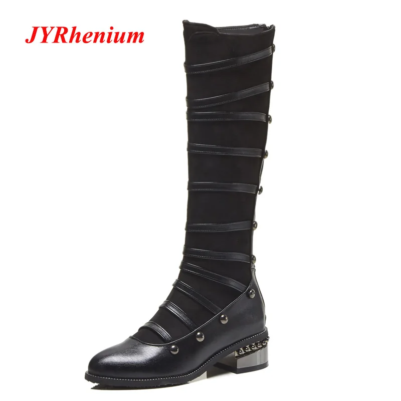 

JYRhenium 2018 Warm Thigh High Knee Boots Women Winter Boots Zipper Martin Woman Shoes Botas Altas Rivet Round Toe Size 34-43