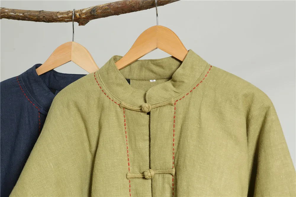 Осень Зима 2 цвета винтажные хлопковые льняные мужские пальто одежда на Хлопчатобумажной Подкладке вышивка нитью внешняя куртка-парка