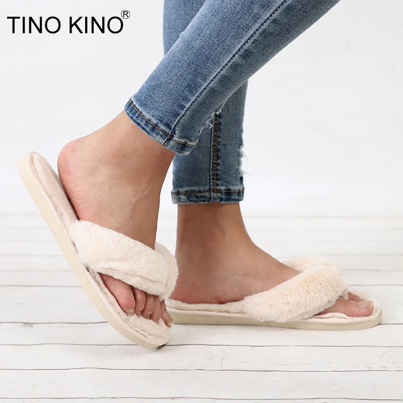 

TINO KINO Women Winter Warm Faux Fur Clip Toe Flat Slippers Fashion Comfortable Slip On Non-slip Home Flip Flops Plus Size