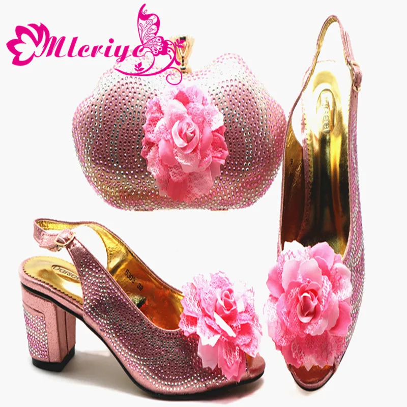 

Newest Fashion PINK Summer Decorated With Rhinestone Comfortable Heels Shoes And Bag Italian Shoes And Matching Bag Set G67-1