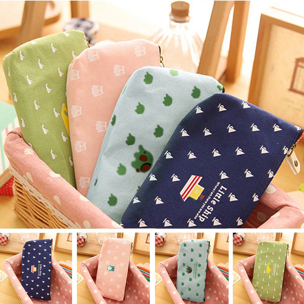 Women Cartoon Cosmetic Bag Canvas Little Ship Owl Dolphin Cute Zipper Pencil Case Stationery Make Up Storage Pouch Pen Bag Hot