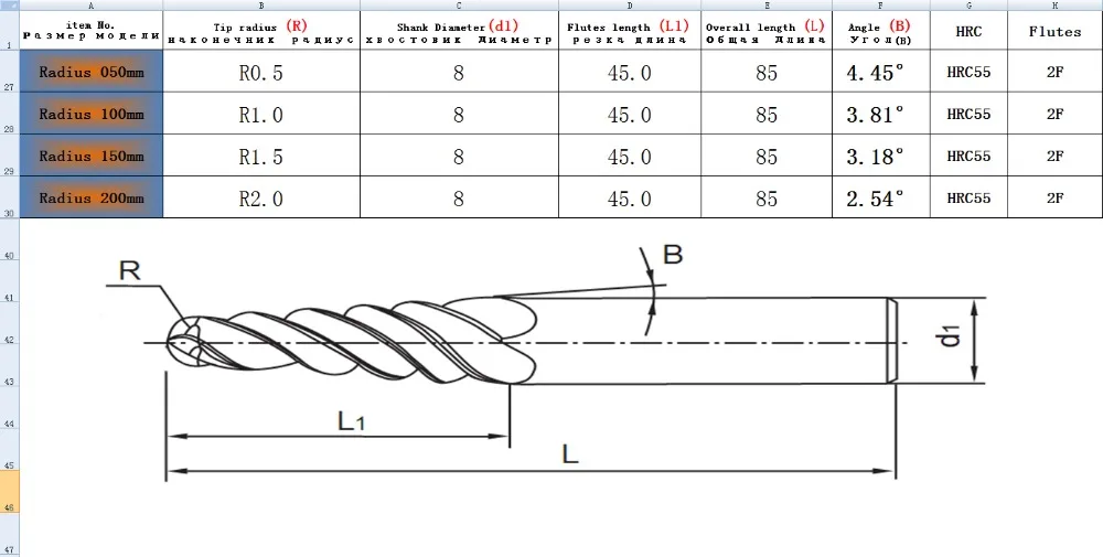 1 шт. D8* 45* 85L* 2F HRC55 Вольфрам твердого карбида с покрытием конические сферические концевые фрезы конус и конус концевые фрезы