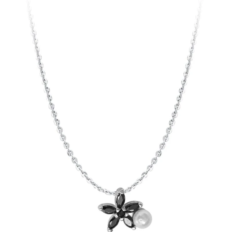 Black Cute Flower Chrysanthemum Pearl 925 Sterling Silver Clavicle Chain Temperament Trendy Female Necklace SNE156