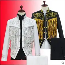 Сверкающие блёстки двубортный черно-белая куртка и брюки плюс размер мужские Костюмы Блейзер костюм Go-Go мужчины вокальное шоу одежда