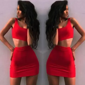 

Sexy Red Sleeveless Women 2 Piece Bodycon Skirt Set Casual Clubwear Party Crop Top Solid Color Skirts UK