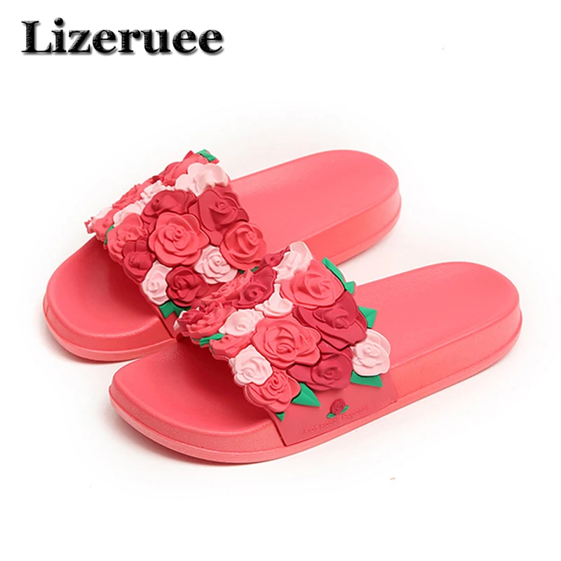 

New fashion women's cool slippers 3D three-dimensional rose beach one word slippers women thick bottom comfort Non-slip ME119