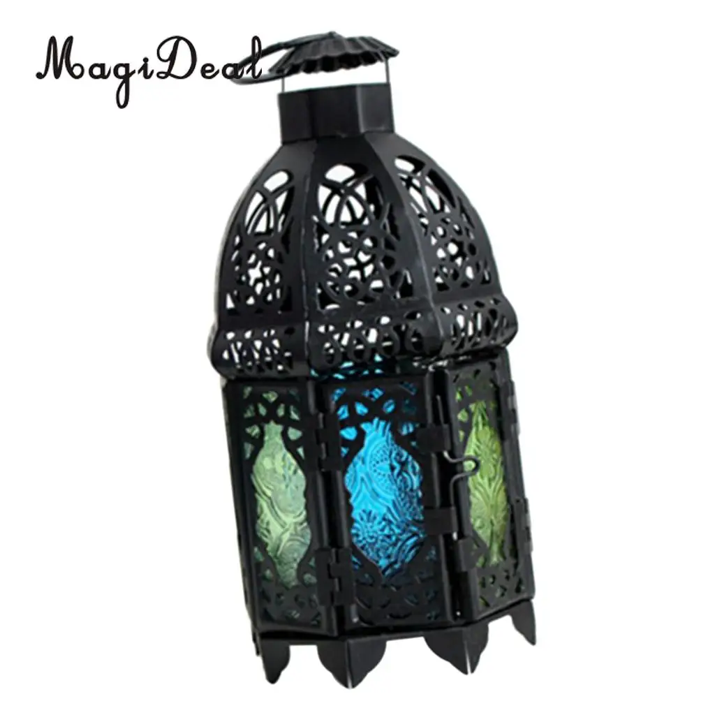 Moroccan Vintage Metal Hollow Glass Moroccan Hanging Tea Light Holder Candle Lantern Xmas Decor