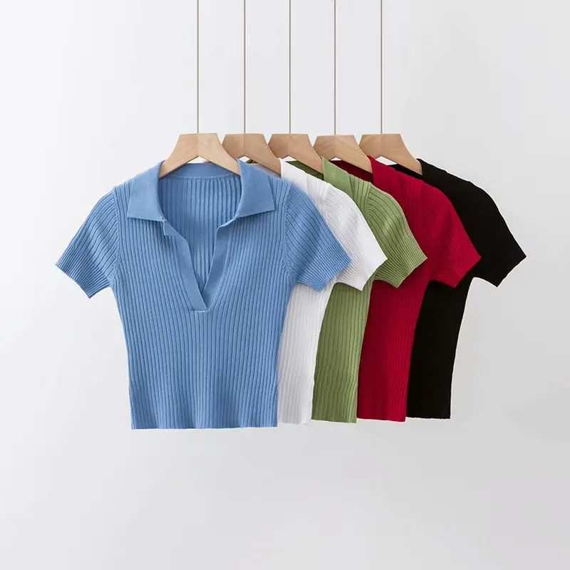 

2019 Summer Turn Down Collar Solid Color Short Sleeve Knitted Women Tshirt Ladies Tops
