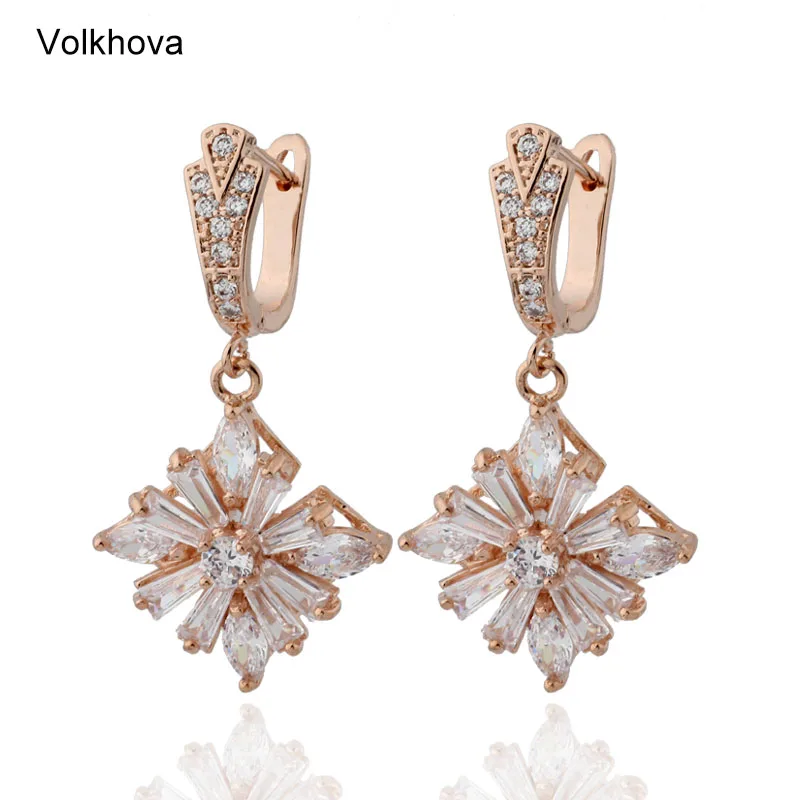

New 585 Rose Gold Earring Women Fashion Wedding Party Snowflake Jewelry White Water Drop Natural Zircon Long Earrings