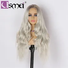 USMEI длинный волнистый парик синтетические волосы парики для женщин термостойкие Омбре коричневый корень серые белые волосы высокой плотности парик косплей волос