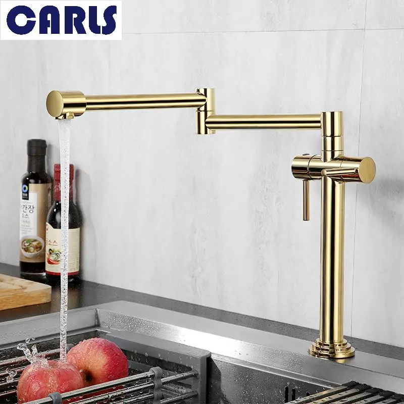 

CARLS Golden folding kitchen faucet retractable swing arm brush single hole single handle deck cold and hot kitchen sink faucet