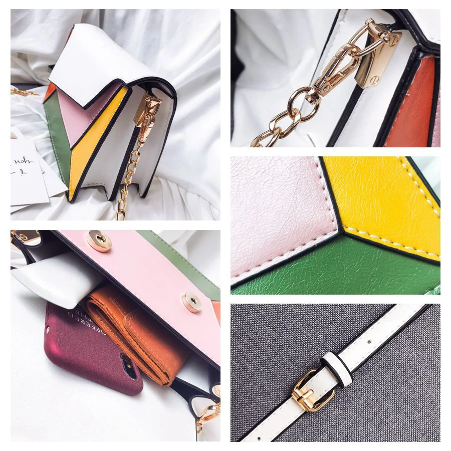 Patchwork Women Messenger Bag Fashion Color Block Women Single Shoulder Bags Geometric Panelled Females Crossbody Bag Girls Flap