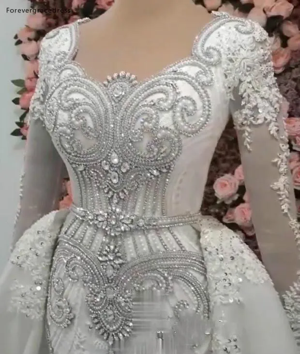 Luxury Mermaid Beaded Crystals Wedding Dresses With Detachable Skirt 2019 Vintage Long Sleeve Rhinestones Long Dubai Arabic Robe Gown BC1366  399 (1)