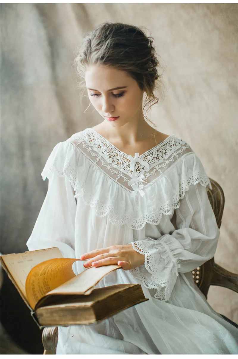 Женское винтажное готическое викторианское Ночное платье, белое хлопковое платье с расклешенными рукавами и v-образным вырезом, кружевная ночная сорочка Осенняя T29