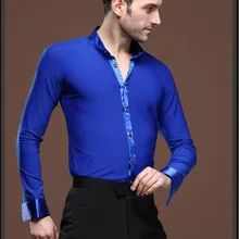 Новые мужские топы для бальных танцев с длинным рукавом, мужские рубашки для латинских танцев с отворотом/воротником для практики/выступлений, Одежда для танцев, топы синего цвета