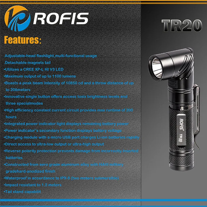 ROFIS TR20 1100LM CREE XP-L HI V3 светодиодный фонарик на голову с регулируемым углом 90 градусов на 18650 батареях