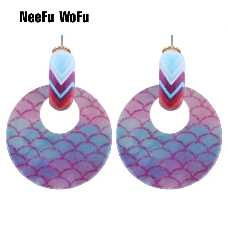 

NeeFu WoFu Drop Round Resin Earrings Brand Metal printing Big Earring Large Long Brinco Ear Accessories Oorbellen Christmas Gift