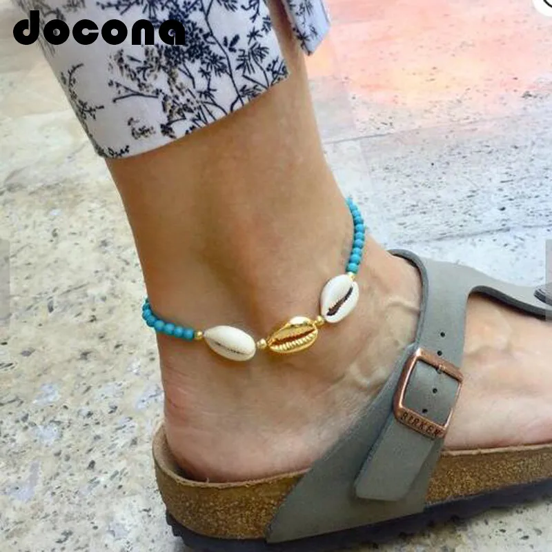 

docona Gold Shell Green Beaded Pendant Anklets for Women Girl Boho Adjustable Anklets Bracelets Beach Foot Jewelry 6966