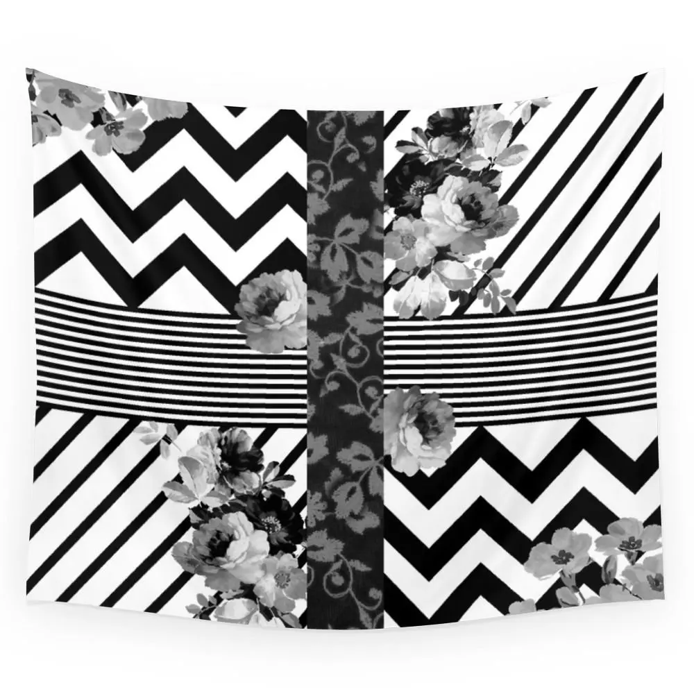 Trendy Black And White Floral Lace Stripes Chevron Wall Tapestry