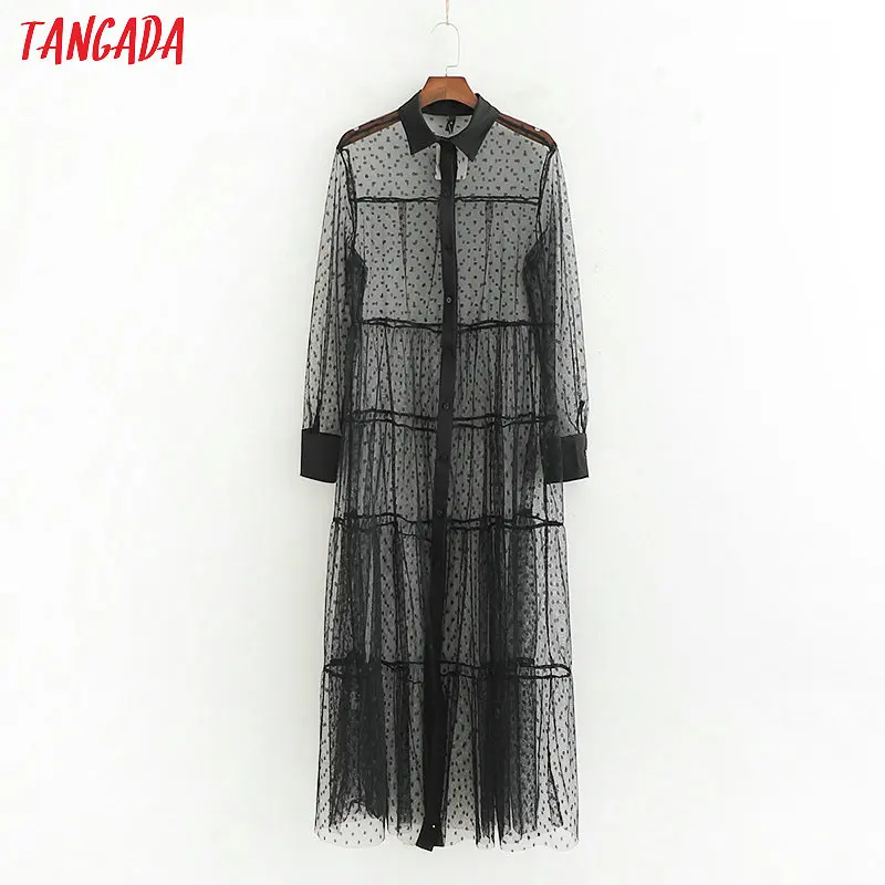 Baratos Tangada mujeres polka dot transparente malla camisa vestido manga larga Mujer chic sexy negro blanco midi vestidos 1D151