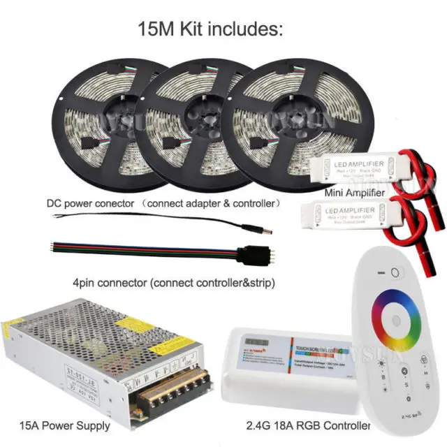  20m 15m 10m 5m 24V RGB LED Strip 5050 Waterproof Full kit + RF Touch Remote + Power adapter + Ampli - 32646873978