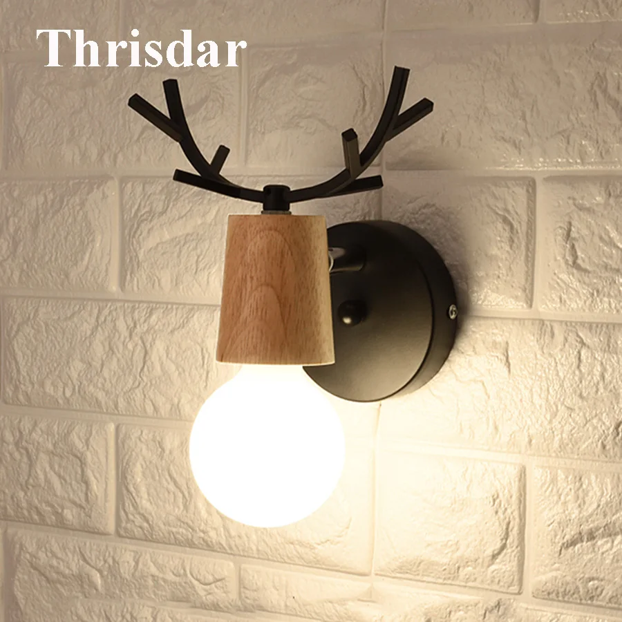 

Thrisdar Nordic Deer Antlers LED Wall Light 360 Degree Rotation Wooden Creative Aisle Corridor Stair Foyer Background Wall Light
