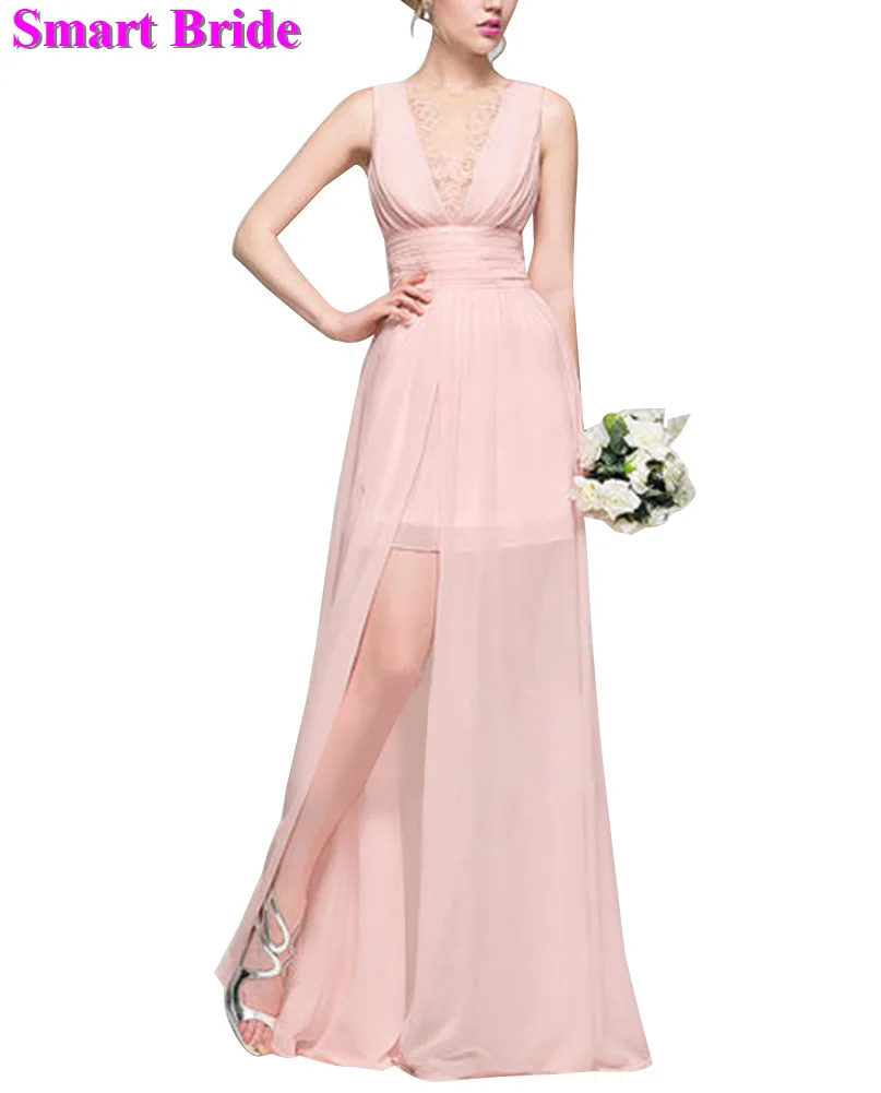 Lace Bridesmaid Dresses 2019 V-neck A Line Long Chiffon Skirts Split Beach Maxi Wedding Party Gowns for Women Formal BDV7
